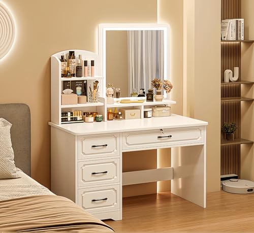 STRTG Tocador, tocador con iluminación LED y 4 cajones, tocador de Madera Maciza con Espejo, Muebles de Dormitorio para niñas