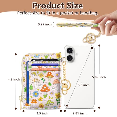 Image of GIANCOMICS Slim Wallet Credit Card Holder Women, Cute Mushroom Rfid Blocking Small Card Case, Keychain Thin Pocket Curved Zipper Wallet, Travel Card Holder PU Leather ID Window, Ladies Female Gifts