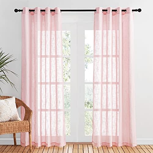 PONY DANCE Voile Net Curtain for Bedroom - 2 Panels Privacy Protected Net Curtain Set with Eyelet Top Home Decoration Linen Look Sheer, Set of 2, 52 x 84 inches, Powder Pink