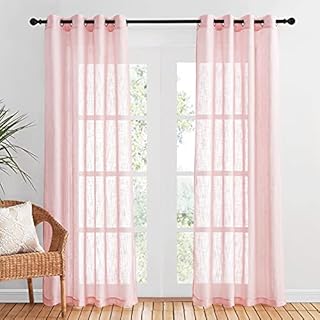 PONY DANCE Voile Net Curtain for Bedroom - 2 Panels Privacy Protected Net Curtain Set with Eyelet Top Home Decoration Linen Look Sheer, Set of 2, 52 x 84 inches, Powder Pink
