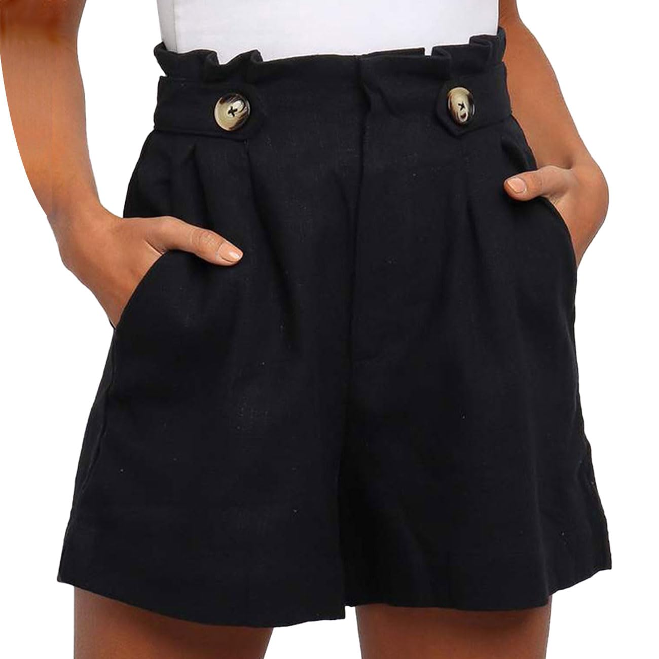 EMOTTOS Bermudas Pantalones Cortos Mujer, Shorts Mujer Verano Alta Cintura con Bolsillos con Botón Decoración, Elegantes Pantalon Corto Pierna Ancha Casual para Mujer, Negro M-XXL