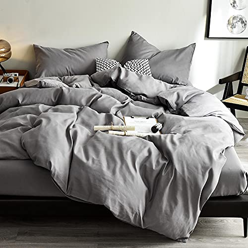 VIOLIN Housse de Couette Solid Color Double/Queen Size Three-Piece Bedding Lightweight Duvet Cover Set with Zipper Closure Bedding Set for All Seasons (Jumelle, Light Gray)