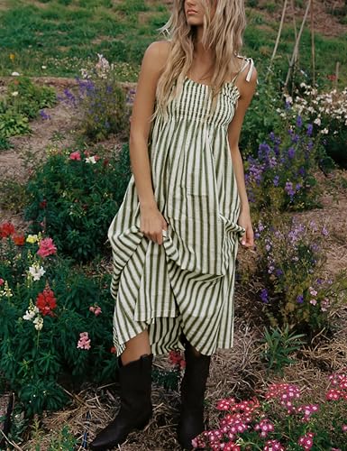Image of Lentta Women's Striped Smocked Maxi Dress Causal Spaghetti Strap Stretchy Flowy Swing Long Dress with Pockets