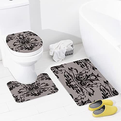 Badezimmer Set, rutschfeste Badematte und WC-Vorleger-Set, Graues Damast-Barock-Muster traditionell klassisch Orient… – Bild 6