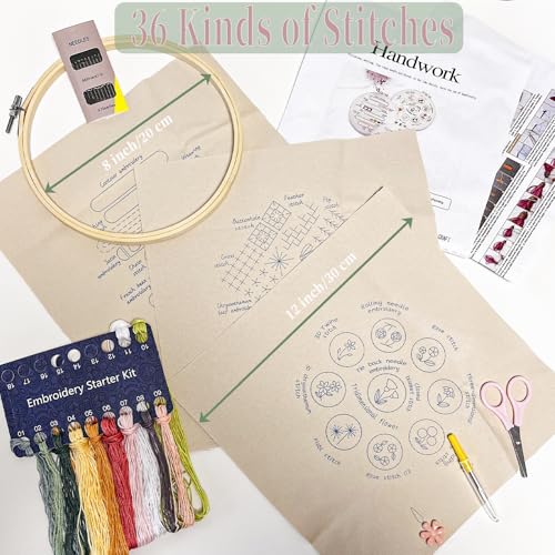 Image of FONNUY 3 Set Crewel Embroidery Kit for Beginners, Pre-Stamped Pattern Kits for Adults Beginner with Hoop, Easy to Follow Needlework, 8'' (Basic Stitches)