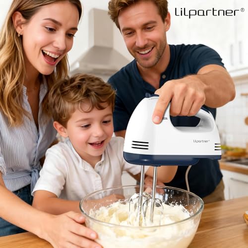 Image of LILPARTNER Hand Mixer Electric, Ultra Power Kitchen Hand Mixer With 7-Speed & 5 Stainless Steel Accessories for Whipping Dough, Cream, Cake, Dishwasher Safe, Light White