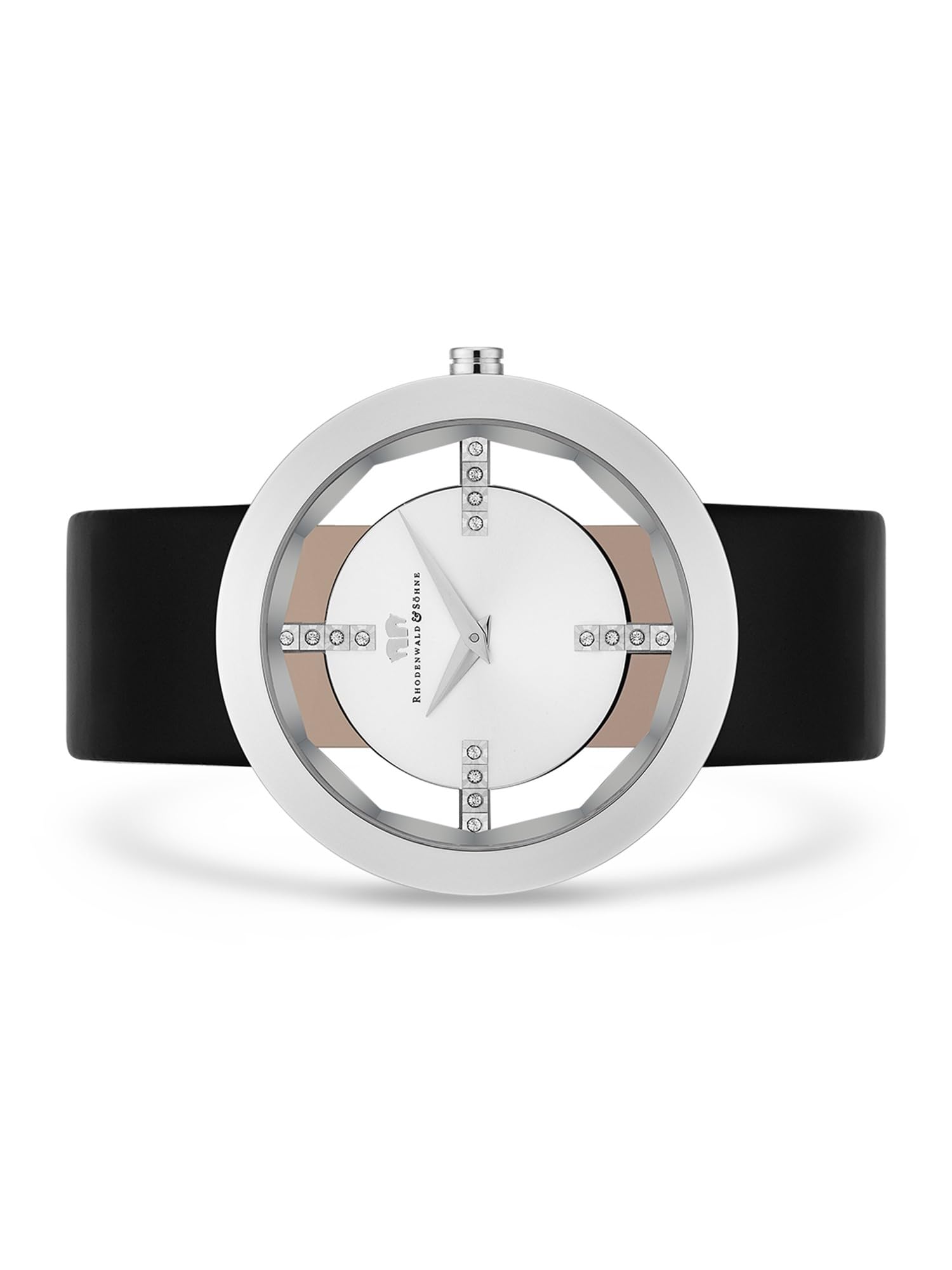 Rhodenwald & Söhne Lucrezia Damenuhr Edelstahl Silber 3 ATM Quarzwerk | verziert mit Kristallen,Echtlederarmband,schwarz,Fashionuhr,analog,Frauen,Skeletonoptik,Mineralglas