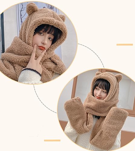3 in 1 Womens Cute Winter Thick Warm Long Hooded Scarf with Mittens Soft Plush Hood Hat Scarf Animal Hat Scarf Mitten4