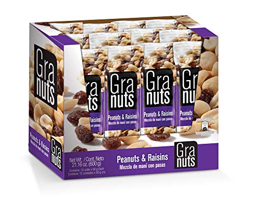 Granuts Peanuts & Raisins | Classic, Savory Flavors | Salty Peanuts | Sweet Raisins | On-the-Go Snack | 1.76 Oz (12 Inner Packs)