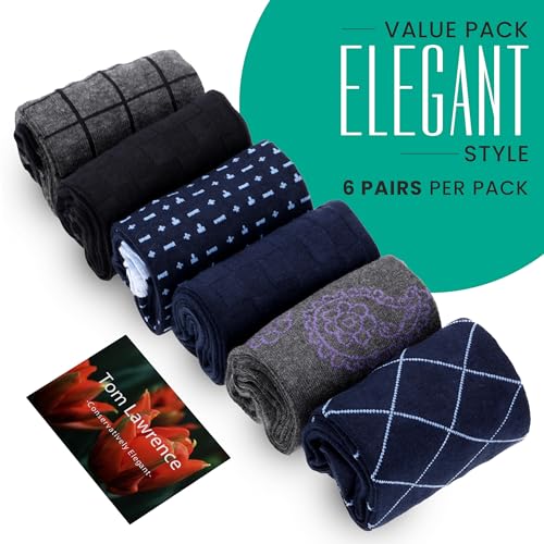 Tom Lawrence Mens Dress Socks -Premium Quality Soft Cotton- Pack of 6 in Gift Box, Assorted Patterned Dress Socks For Men 9-12, Breathable Soft Cotton- Nylon Blend2