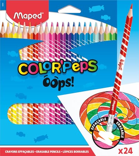 Maped - Pinturas de Madera - Lápices de Colores Oops - 24 Pinturas Borrables - Incluyen Goma en la Parte Trasera - Diseño Ergonómico - Diámetro de Mina Estándar