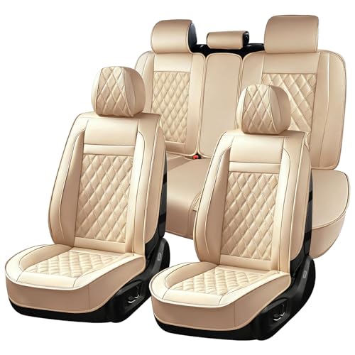 Image of Huidasource Beige Seat Covers Full Set, Nappa Leather Seat Cover Hollow Design Airbag Pops, Front ＆ Back Seat, 5 Layers Seat Covers for Most Cars, Vans, Trucks, SUVs Universal Fit (Full Set /Beige)