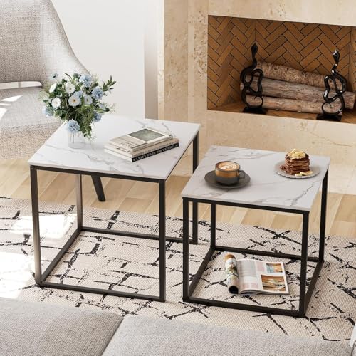 Huhote Quadratisch Couchtisch 2er Set, Moderne Wohnzimmertisch, Couchtisch Aus Holz, Wohnzimmertisch Klein, Beistelltisch, Sofatisch, Coffee Table für Wohnzimmer, Schlafzimmer, Büro, Schwarz+Weiß – Bild 3