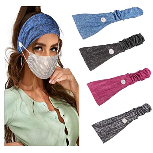 Women Headbands with Button 4 Pack Boho Paisley Head Wraps Vintage Print Leopard Hair Band Mask Holder for Nurses Doctors Workers Girls (Style C)