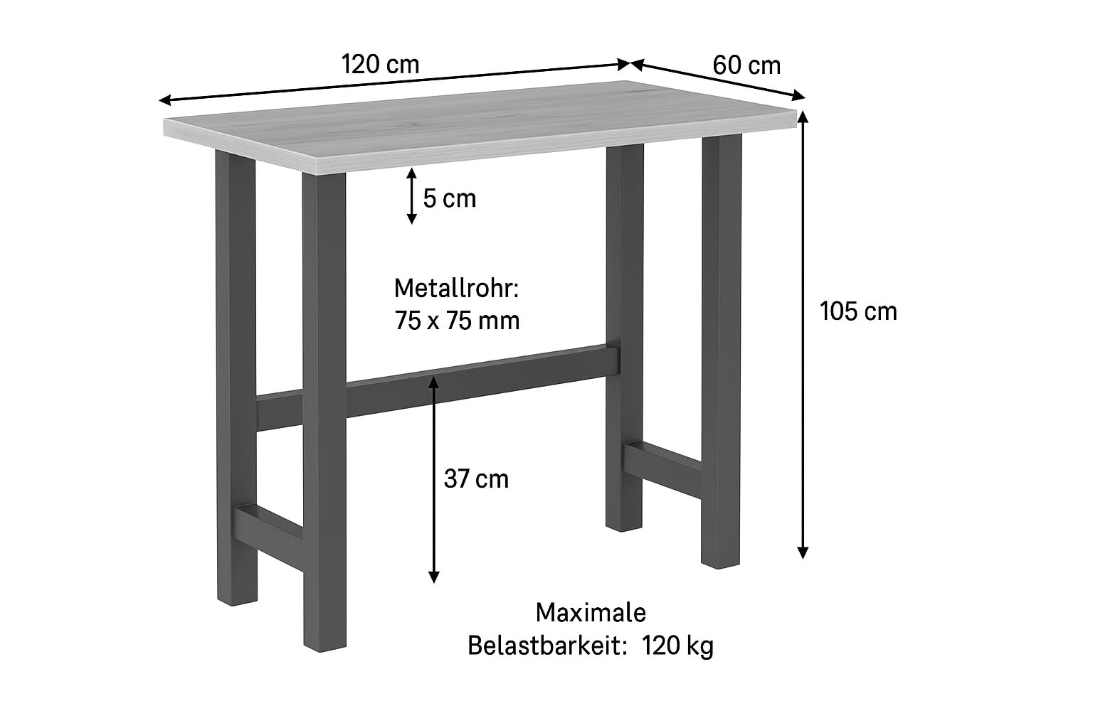 DUBI Möbel Bartisch Stehtisch LOTTE 120x60cm Industrial Design | Hochtisch Texas Eiche & Metall Schwarz | Stabiler Küchentisch & Bistrotisch | Massive 7,5cm Beine | Ideal für Gastronomie & Zuhause