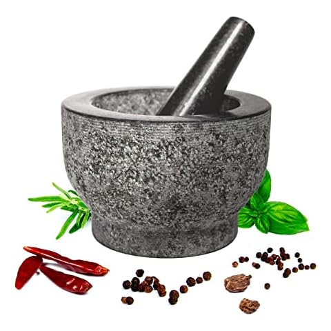 HiCoup Mortar and Pestle Set - 6 Inch Granite, Large Molcajete Bowl with Stone Grinder - Spice, Herb and Avocado Masher for Guacamole, Salsa and Pesto - Holds 2 Cups﻿ Cover