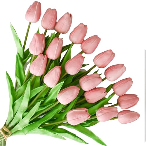 Image of ONLY ART Artificial Dusty Pink Tulips 20 Pcs - 13.5 Inch PU Faux Flowers with Bendable Stems for Home Decor, Wedding Centerpieces, DIY Floral Arrangements, New Year and Valentine's Day