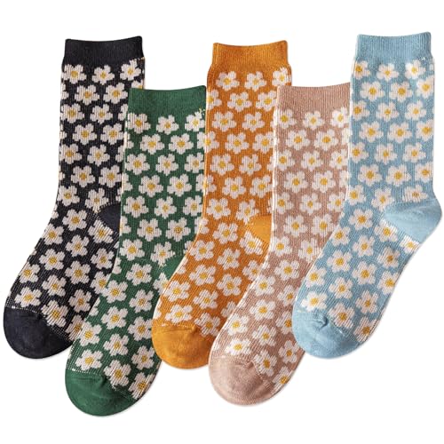 IIG 3-5 Pairs Womens Vintage Cozy Crew Socks Soft Cute Neutral Cotton Socks Exquisite Patterns Socks Gift