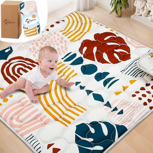 PLUUSHUU Baby Play Mats for Floor, 50x50 Playpen Mat for Babies, Extra Thicker & Soft Floor Crawling Mat, Foldable Non-Slip Playmat Cushioned for Infants Toddlers, Boho Leaf Design