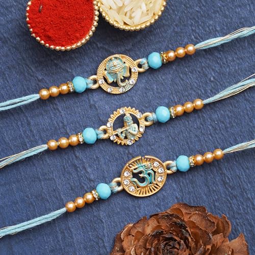 Image of eCraftIndia Set of 3 Lord Ganesha, Om, Krishna Playing Flute Religious Rakhis, Best Bro Ever Fridge Magnet with Roli Chawal Pack - Rakhis for Brother, Bhabhi, Kids