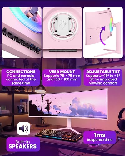 Image of Arozzi Curved Gaming Monitor Nova 49 inch VA 165Hz - Computer Monitor Ultrawide QHD 1440p - Adaptive Sync, HDR10 & Flicker Free Display - 100% sRGB Color Accuracy - PC & Console Ready - Pink
