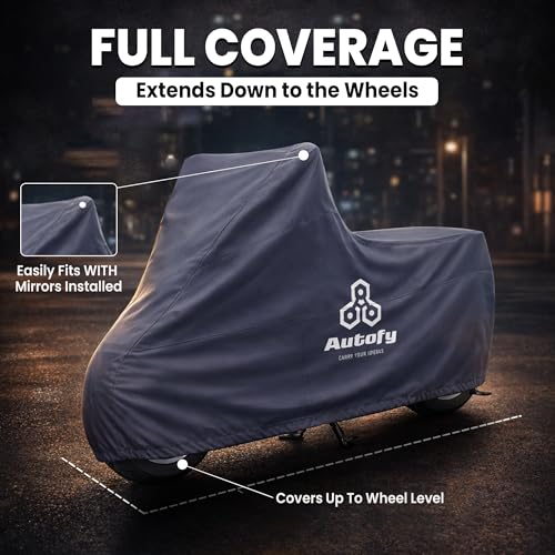 Image of Autofy Hydra 100% Waterproof Lab Tested Bike Cover for All Two Wheeler Upto RE Size with Carry Bag Bike Rain Cover Bike Body Cover Waterproof Heat Sealed Stitches UV Protection Assorted Colour