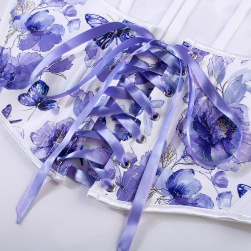 Image of Scarlet Darkness Women's Underbust Corset Top Renaissance Medieval Lace-up Boned Fairycore Pirate Corsets White Purple Floral Size 12