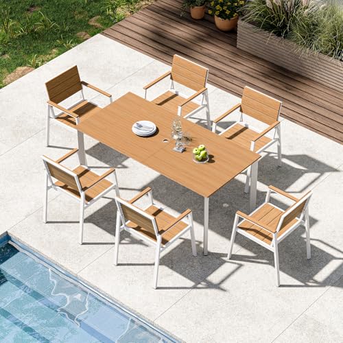 ComfCove Outdoor Patio Dining Set for 6, Aluminum 7 Piece HDPE Patio Table and Chairs Set with Umbrella Hole, Modern Rectangular Patio Furniture Set with All-Weather Table & 6 Chairs (White & Teak)