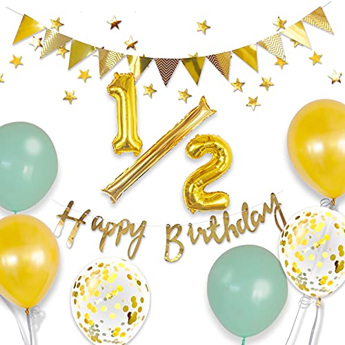 ハッピーバルーンマルシェ ハーフバースデー バルーン 飾り付けキット half birthday 誕生日 6か月 風船 誕生日 お祝い（ゴールドミントグリーン） - ハッピーバルーンマルシェ - 商品画像