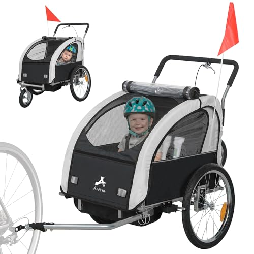 HOMCOM Remorque Velo Enfant 2 en 1 Poussette vélo bébé 2 Places avec Ceinture de sécurité 5 Points, réflecteurs, Drapeau et Rideau Coupe-Vent, Charge 40 Kg, Noir