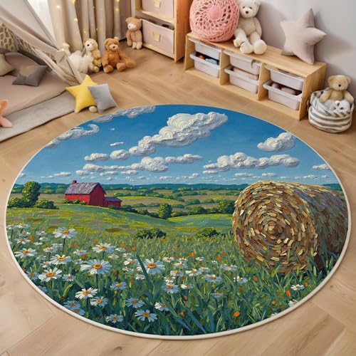Tapis rond lavable 140cm imprimé marguerite rouge pour salon - 4