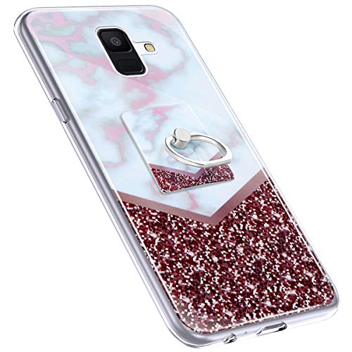 Urhause Cover Compatible with Samsung Galaxy A6 2018 Case Sparkle Glitter Bling Marble Case TPU Silicone Ring Holder Cover 360 Degree Rotation Ring Holder Kickstand Shiny Bling Shockproof Cover Red