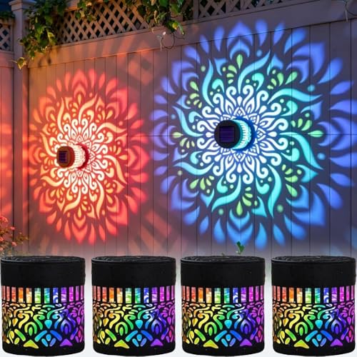 SSKFHGI Seven-Color Changing Solar Mandala Projection Wall Light Decorative Solar Mandala Lights Outdoor Waterproof Metal Fence Lights for Yard Garden Post Patio Backyard Decor