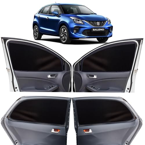 Image of OTO2EYE Car Sun Shade Compatible for Maruti Suzuki Baleno Model 2019 to 2022, Z-Black Super Magnetic Grip, Front Window Zipper, Side Window Curtains, 4 Pieces Set