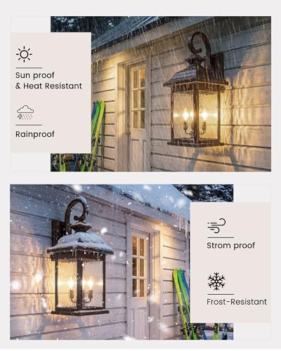 Image of FEMILA 26 inch Outdoor Wall Sconce, Large Exterior Lighting Fixtures, 3-Light Outdoor Wall Lantern Porch Lights for Patio, Garage, Doorway, ORB Finish, E12 Base, 4FD54B-L ORB-WP