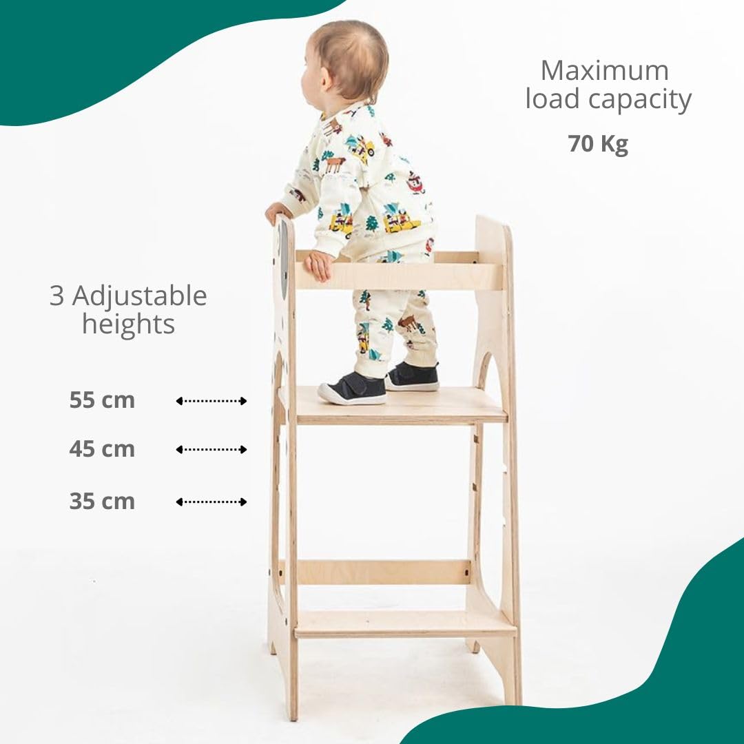 WOLTU Montessoriaanse leertoren, Montessoriaanse toren van hout, kinderstoel met beschermlijst, multifunctionele leertoren met stabiele structuur, wit natuurlijke houtkleur