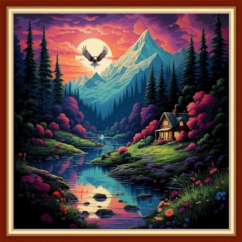 Image of Joyhoor Cross Stitch Kits for Beginners Stamped Cross-Stitch Supplies Needlework preprint Embroidery Kits for Adults DIY Needlepoint Kits Embroidery Patterns 11CT-Night View 18x18 inchs