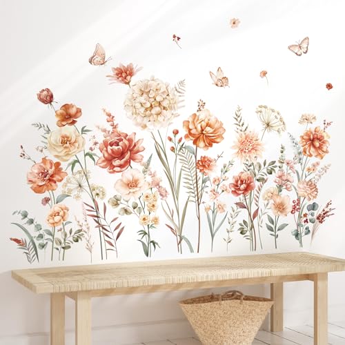 Boho Flower Wall Decals for Girls Bedroom Living Room Kitchen Wall Decor Gifts for Mom Wildflower Garden Floral Grass Wall Stickers