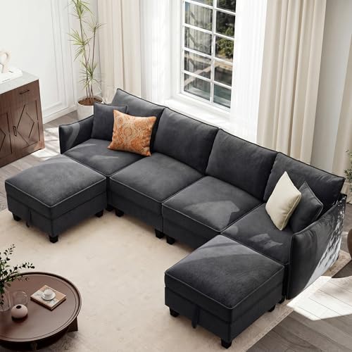 Image of Ihanherry 112 inch Modular U-Shaped Sectional Sofa, Modern 6-Seat Cloud Couch with 2 Storage Ottomans, Comfy Chenille Convertible Furniture Set for Living Room, Apartment, Easy Assembly, Black
