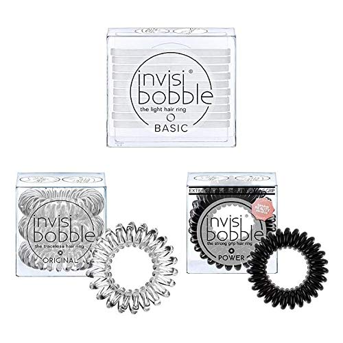 invisibobble Original Basic and Power Spiral Hair Ties - Weightless Hair Ring with Strong Grip, Non-soaking, Hair Accessories for Women - (Clear and Black)