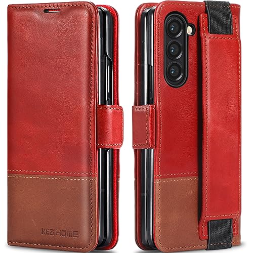 KEZiHOME for Samsung Galaxy Z Fold 5 Case, Genuine Leather Wallet Case [RFID Blocking] with Card Holder Stand Shockproof Protective Phone Flip Cover Compatible with Galaxy Z Fold 5 5G Red