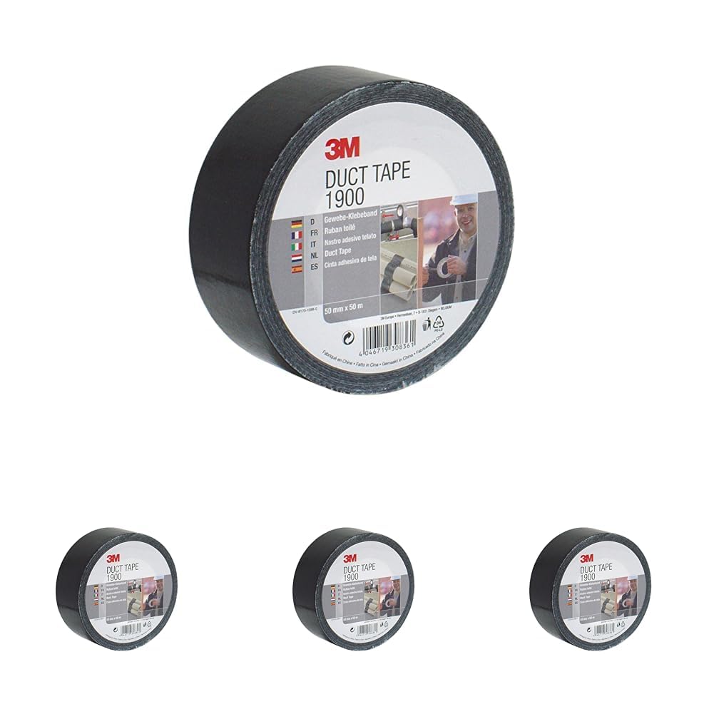 3M Gewebeklebeband 1900, Duct, Starkes Panzer-Tape, Reparatur-Klebeband, 50 mm x 50 m, Schwarz (1-er Pack) (Packung mit 4)
