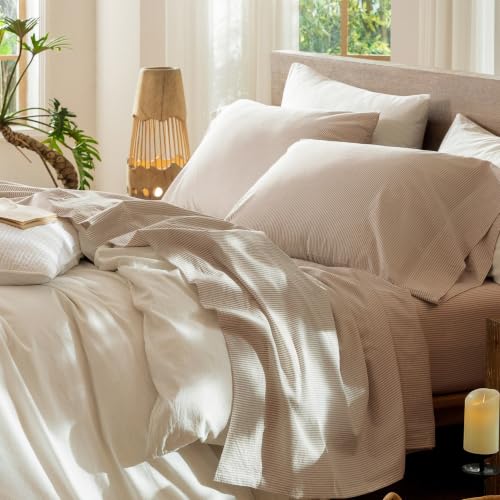 Image of MooMee Striped Sheet Set 100% Washed Cotton Linen Like Queen
