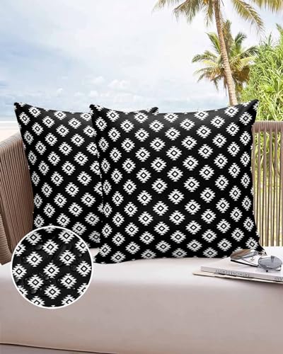 OComster Outdoor Pillow Covers Waterproof, Boho Black Texture Farmhouse Throw Pillowcase Decorative Cover, Abstract Geometric Garden Cushion Case Set of 2 for Sofa, Couch, Tent, Patio 18