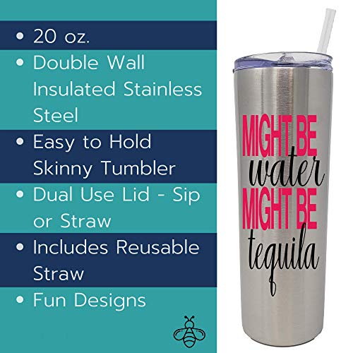 Stainless Steel Skinny Tumbler With Straw Lid - 20 oz. Double Wall Insulated Water Bottle - Slim, Modern Cup Perfect for Tea, Coffee, Water, or Beer - Keeps Drinks Hot Or Cold (Might Be Tequila)