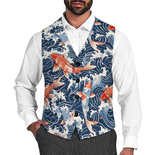 Japan Fish Waves Novelty Men's Suit Vest Casual Formal Dress Vests Business Waistcoat
