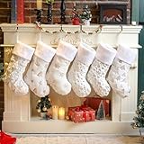 White Christmas Stockings Set of 6 - Lage Elegant Xmas Stockings with Golden Christmas Tree Snowflake Designs, Fluffy Grey and White Christmas Stockings for Holiday Party Decorations 20 inch