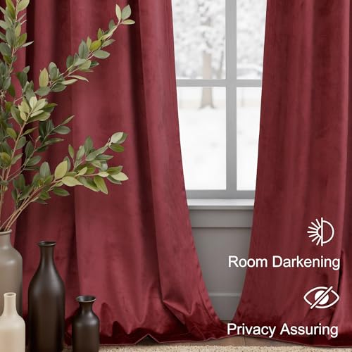 Image of Burgundy Red Velvet Curtains 108 Inches Extra Long 2 Panels Set Back Tab Rod Pocket Soft Privacy Elegant Party Wall Backdrop Drape for Living Room Darkening Kids Bedroom Large Window Mid Century Decor