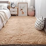 カーペット 60x80cm ふわふわ シャギー 滑り止めマット チェアマット 防音 厚手 丸洗い 折り畳み 可能 ホットカーペットカバー 対応 サラサラ 長方形 軽い, カーキ色