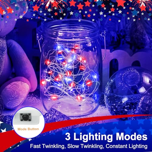 Image of btfarm 4th of July Patriotic Fairy Lights Battery Operated, 12 Pack Red White Blue 3 Modes Twinkle String Lights, 7ft 20 Led Independence Day Mini for Mason Jars Vases Table Centerpiece Decoration